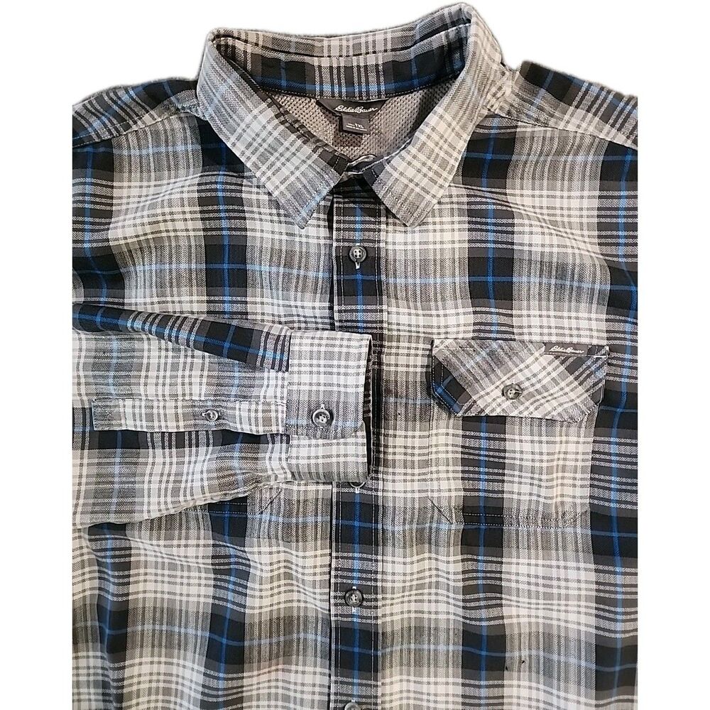Eddie Bauer Shirt Men's XLT Plaid Brown Black Long Sleeve Performance Poly Mesh